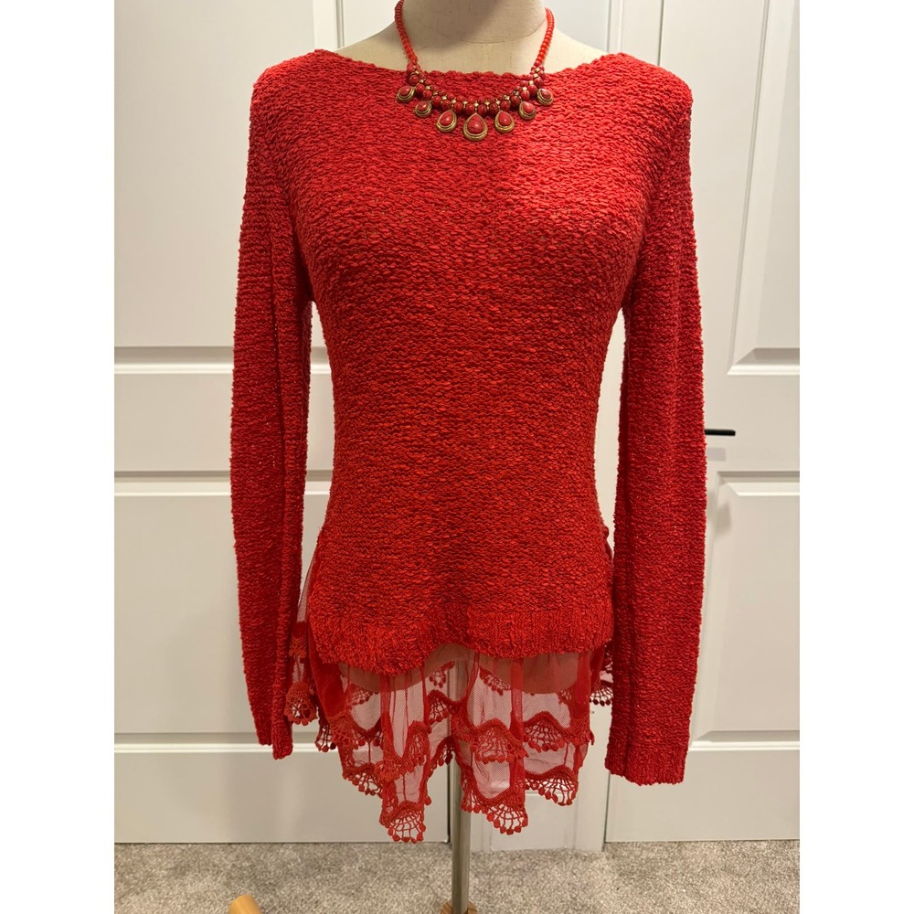 Red/Orange Sweater With Lace Hem